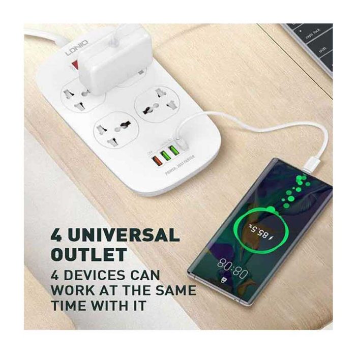Ldnio SC4407 Power Strip bdonix White 5 1 LDNIO SC4407 Power Strip With 4 Socket Outlets and 4 USB Port QC 3.0