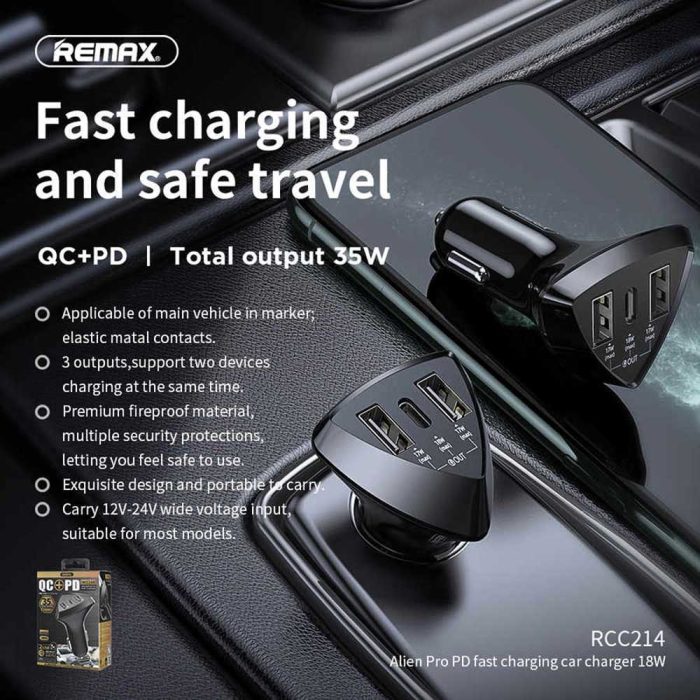 New Remax car charger 35W 2A1C output PD QC quick charge.jpg q502 Remax Fast Car Charger 35W 2USB 1Type-C Port Output PD+QC Quick Charge RCC214
