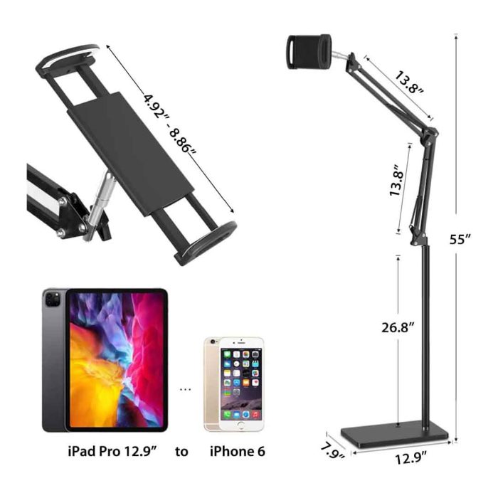 Height Adjustable Floor Tablet and Phone Stand With Boom Arm Overhead Mount 15 Universal Height Adjustable Floor Tablet Stand With Swivel Boom Arm Overhead Mount For Phone & Tablet