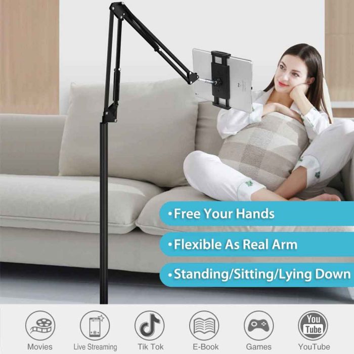 Height Adjustable Floor Tablet and Phone Stand With Boom Arm Overhead Mount 7 Universal Height Adjustable Floor Tablet Stand With Swivel Boom Arm Overhead Mount For Phone & Tablet